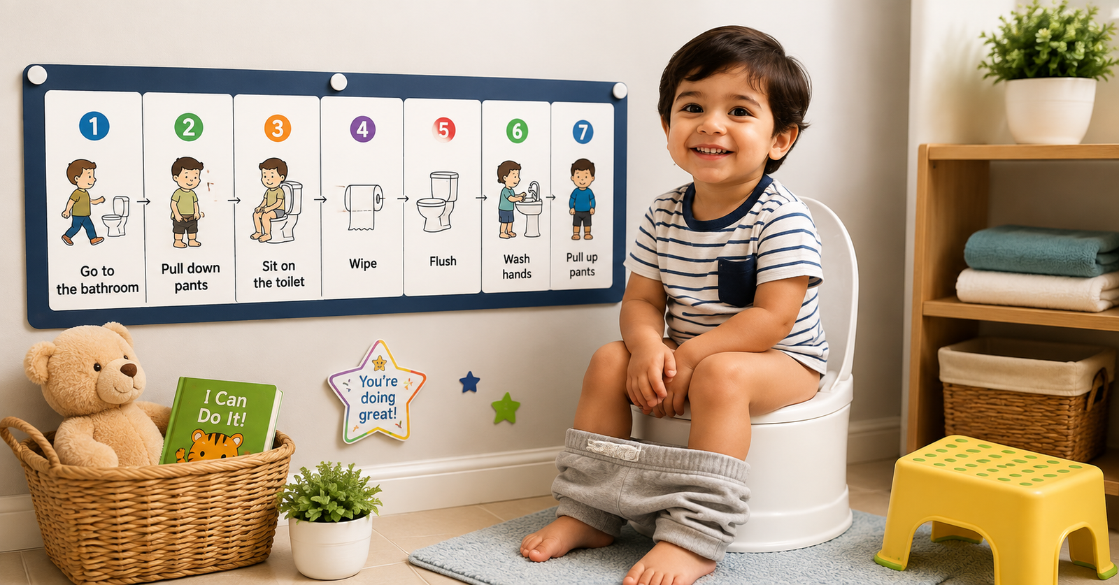 Child sitting comfortably during toilet training session with visual schedule chart